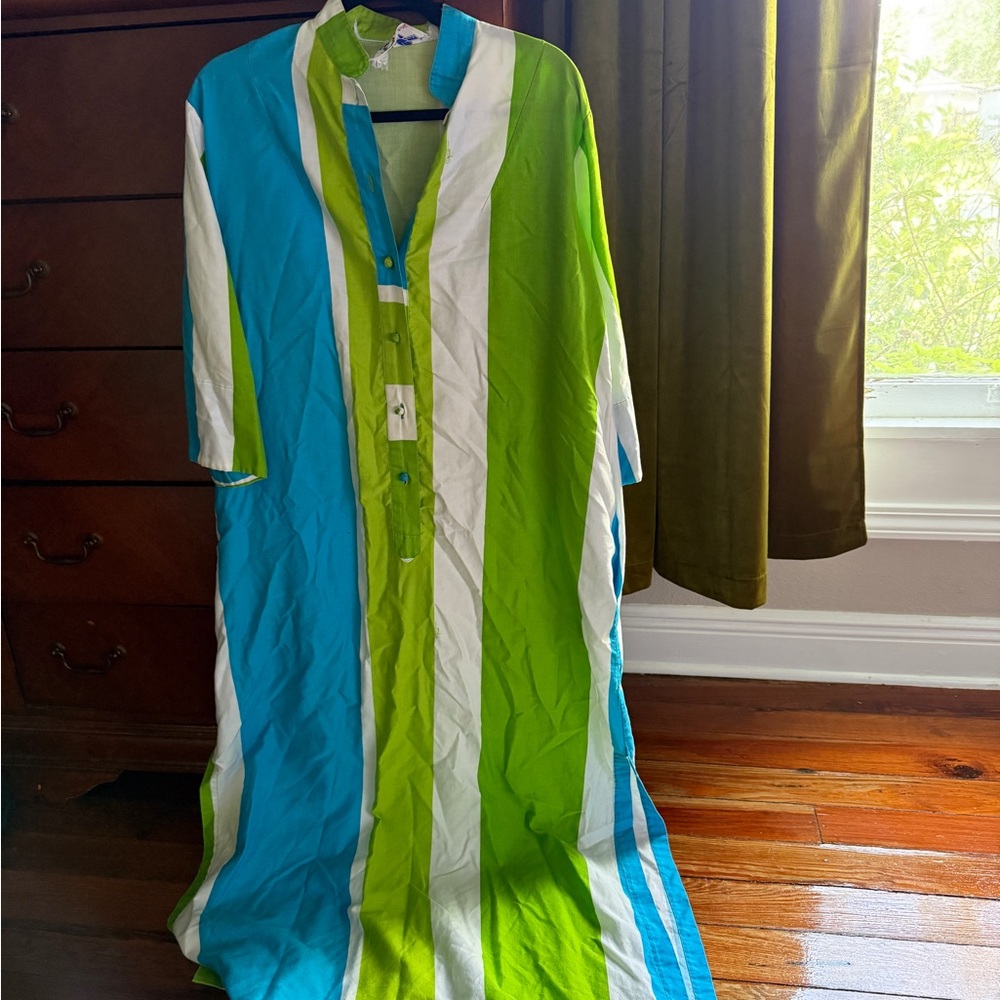 1970s Vintage Cathering Oquist Vibrant Striped Kaftan Dress